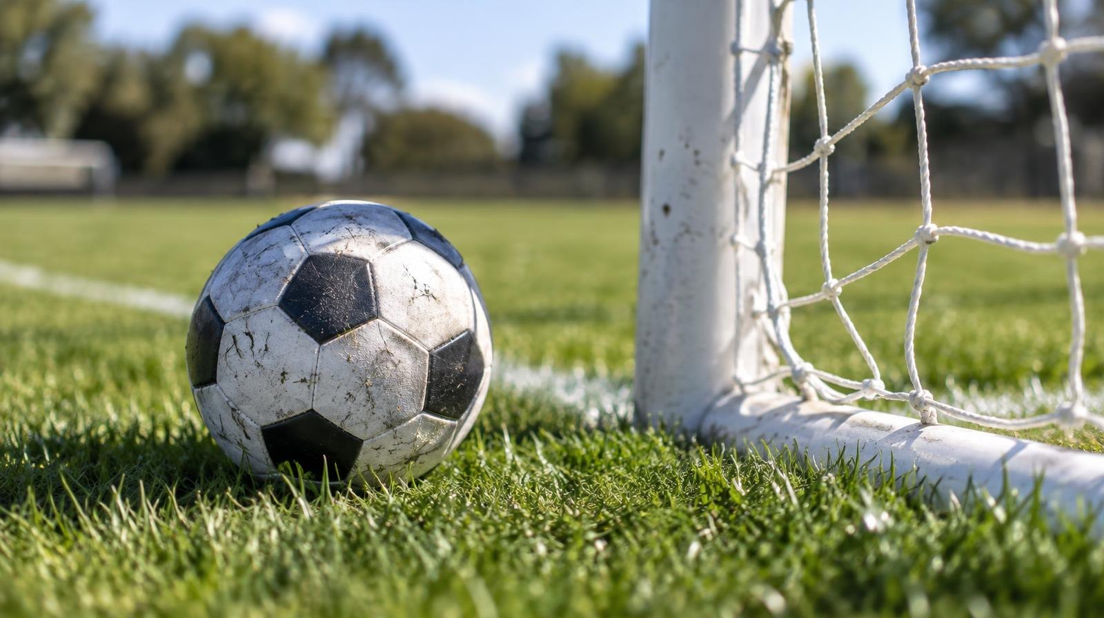 A white soccer ball resting on green grass near the corner of a goal net.