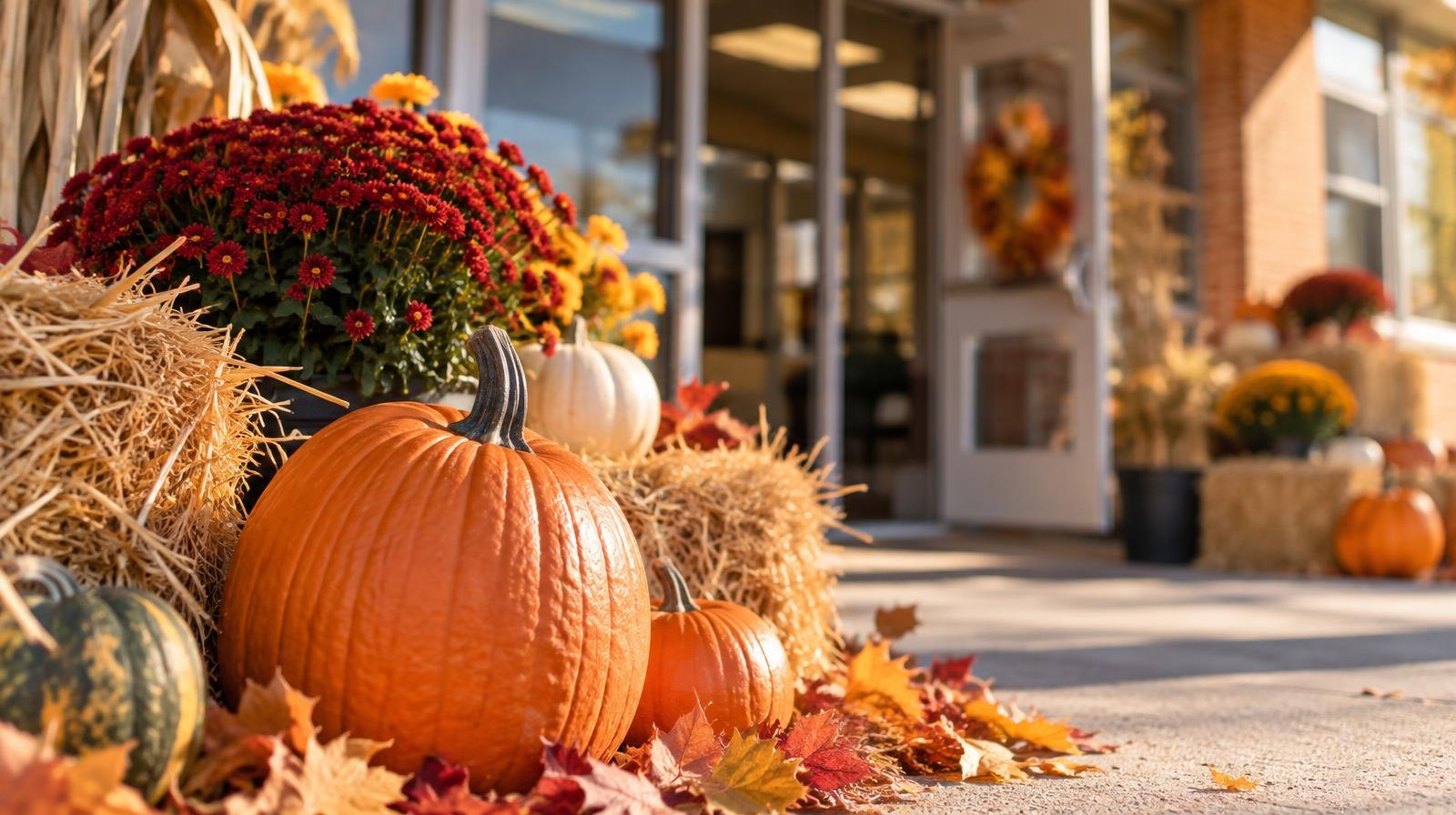 Pumpkins, hay bales, and colorful autumn leaves arranged outdoors in warm afternoon light.