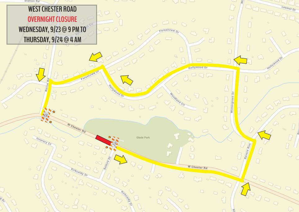Road map showing a highlighted detour route around a closed segment of West Chester Road.