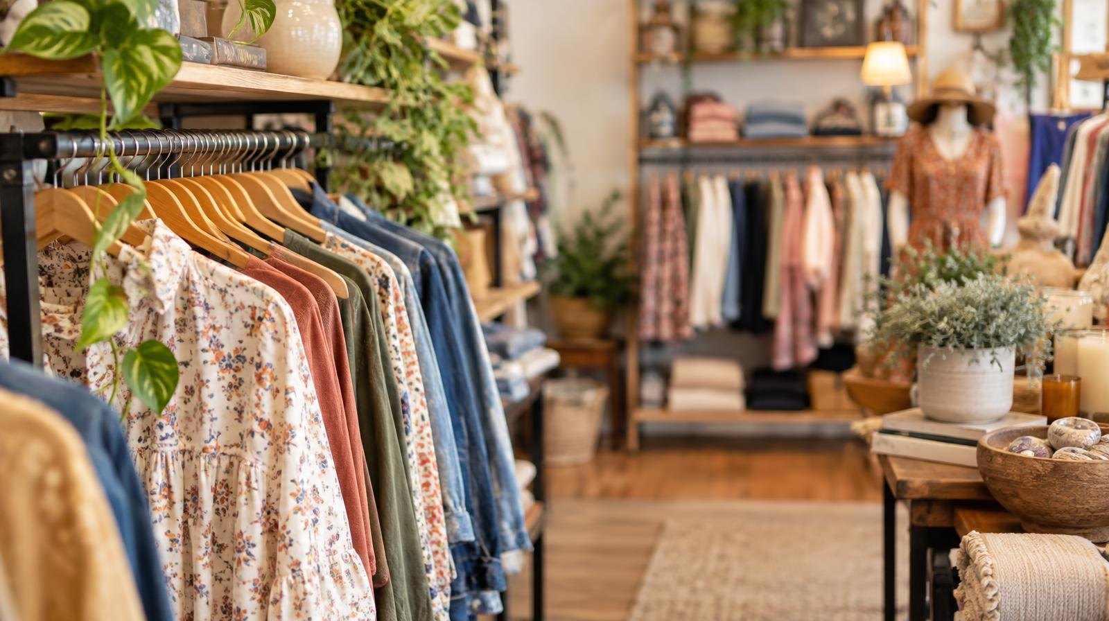 Colorful clothing racks and shelved home goods inside a boutique retail store.