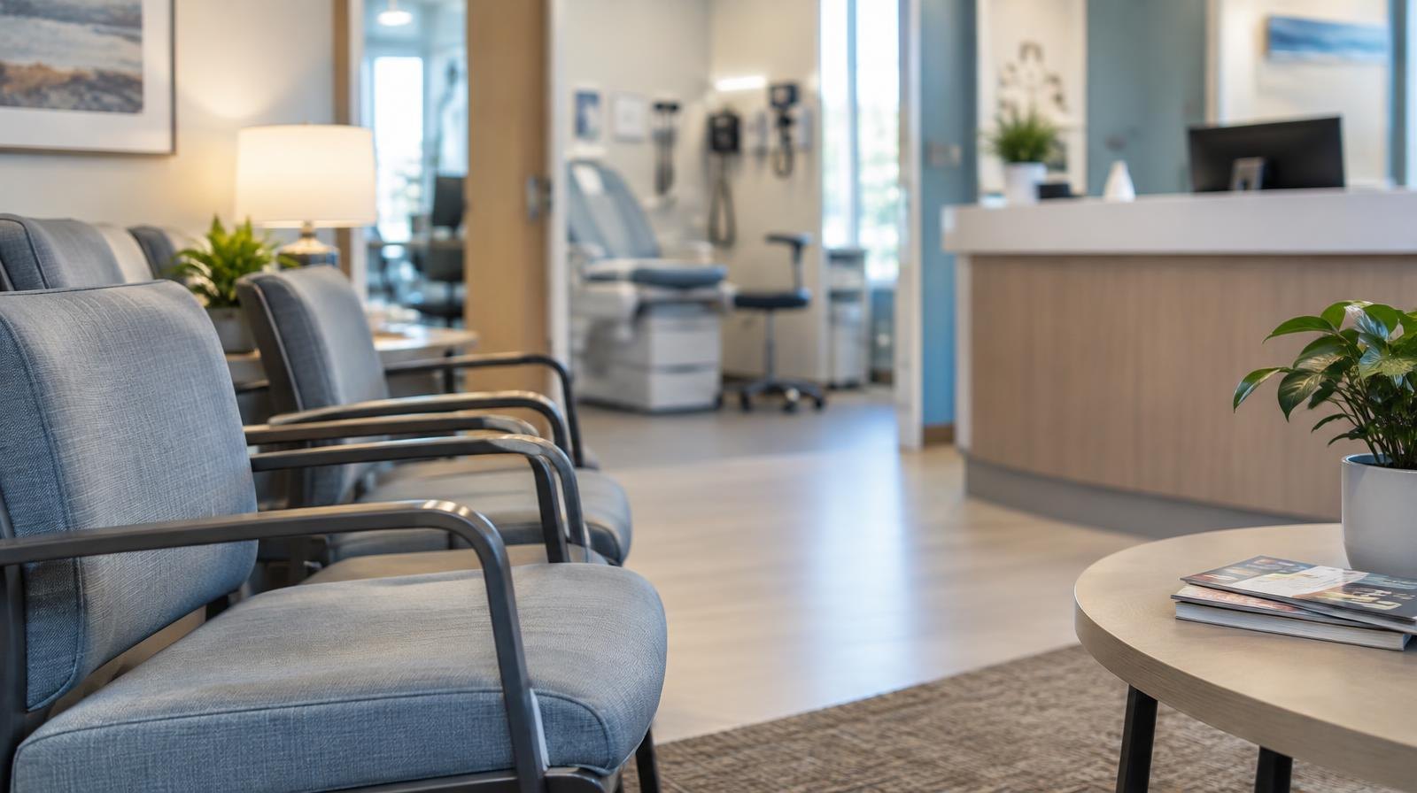 Bright modern medical clinic waiting area with chairs and a reception desk.