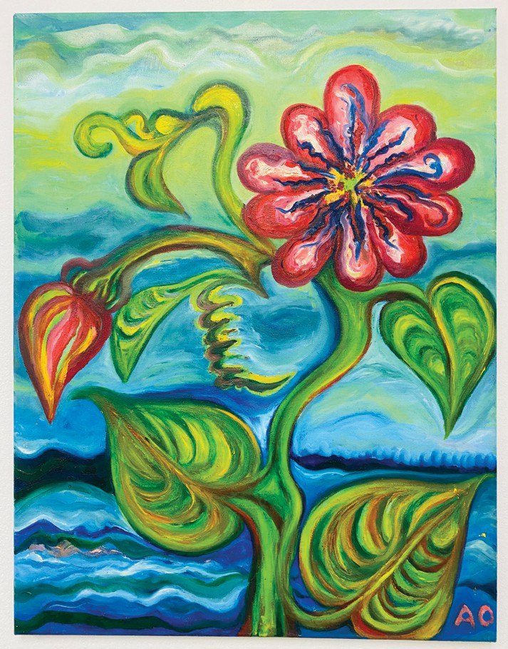 Colorful painting of a large red flower with green leaves against a blue and green wavy background.