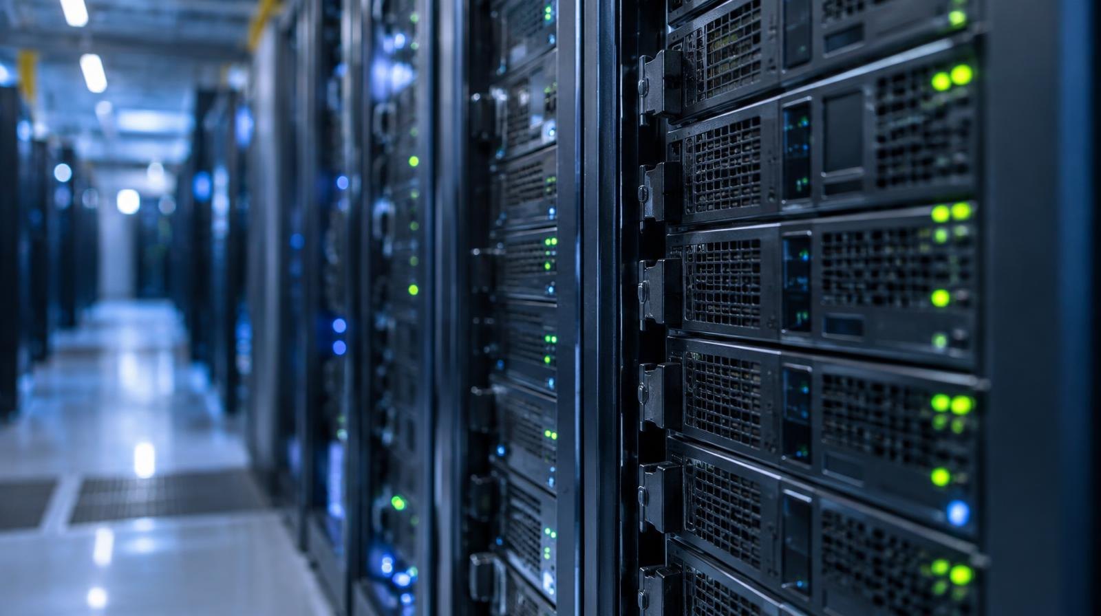 Rows of black server racks with blinking indicator lights in a data center.