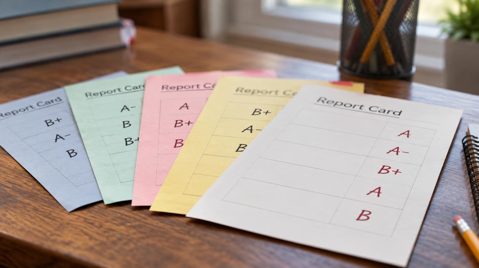 Several colorful report cards with letter grades fanned out on a wooden desk.