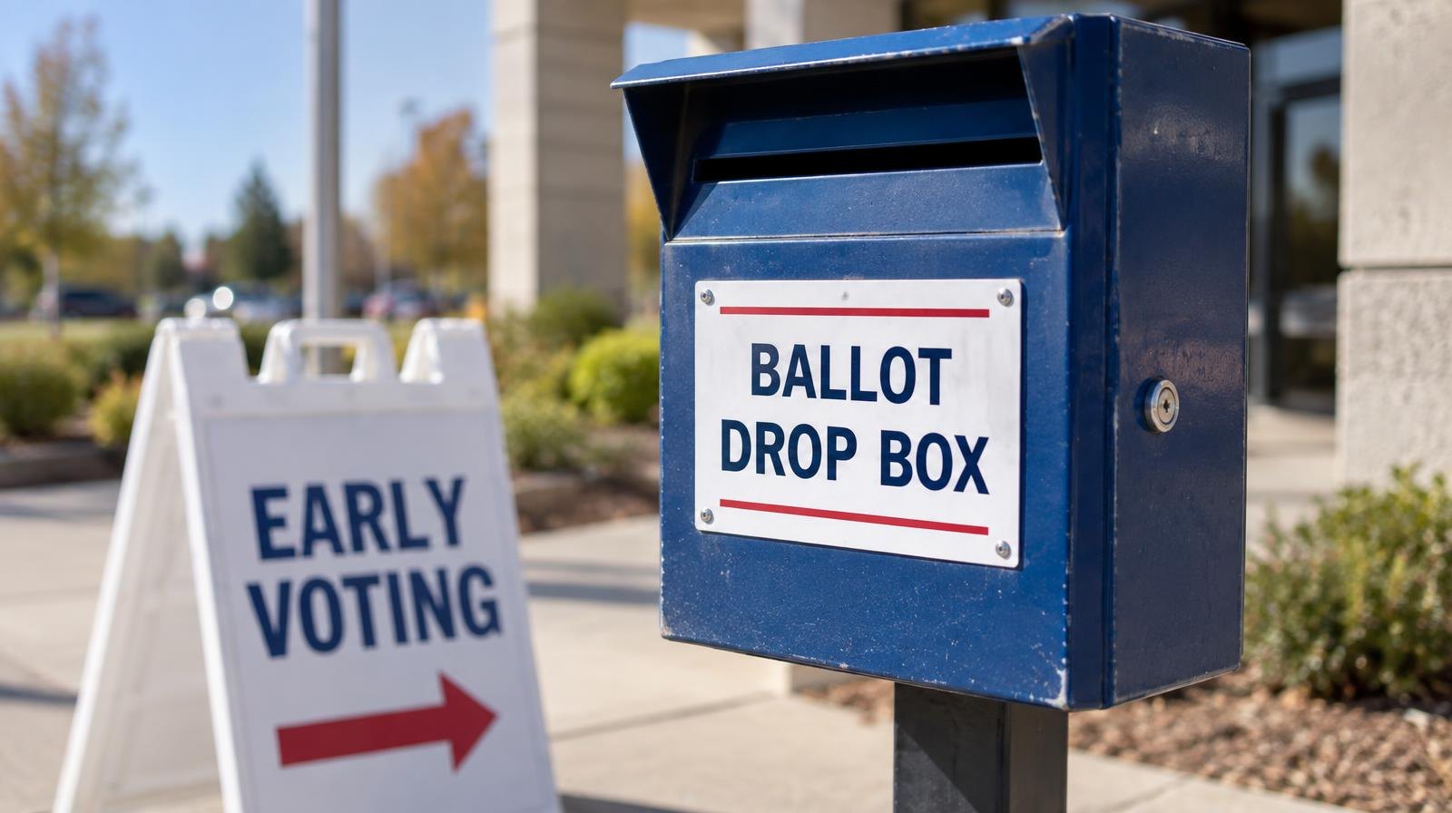 A ballot drop box on a post beside an early voting sign outdoors.