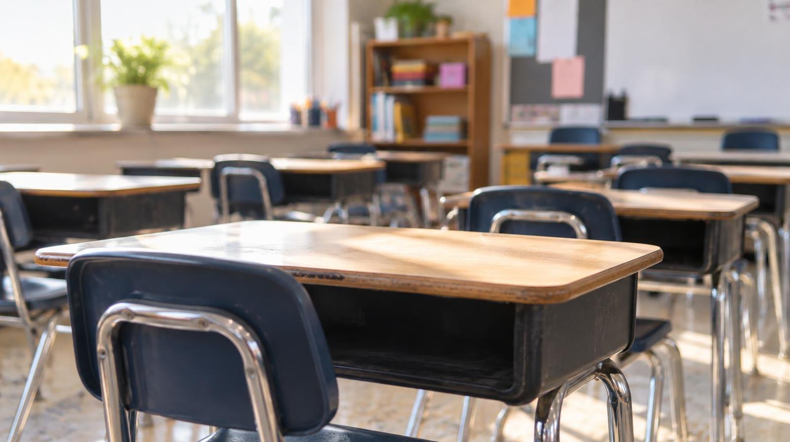 Rows of empty student desks in a sunlit school classroom.