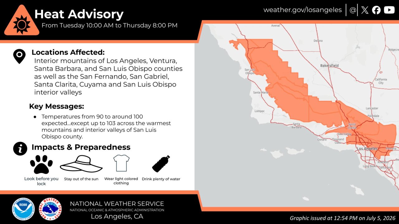 NWS heat advisory infographic showing a Southern California map with affected areas highlighted in orange and advisory details.