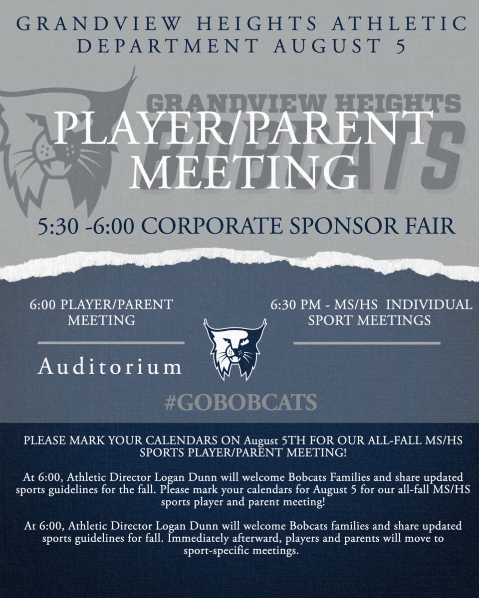 Flyer showing Bobcats logo and Fall Sports Player/Parent Meeting schedule for August 5.