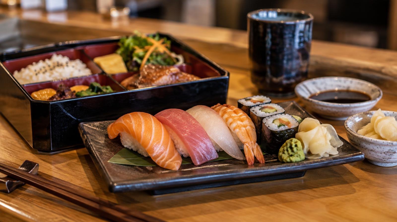 Sushi pieces and a lacquered bento box arranged on a wooden counter.