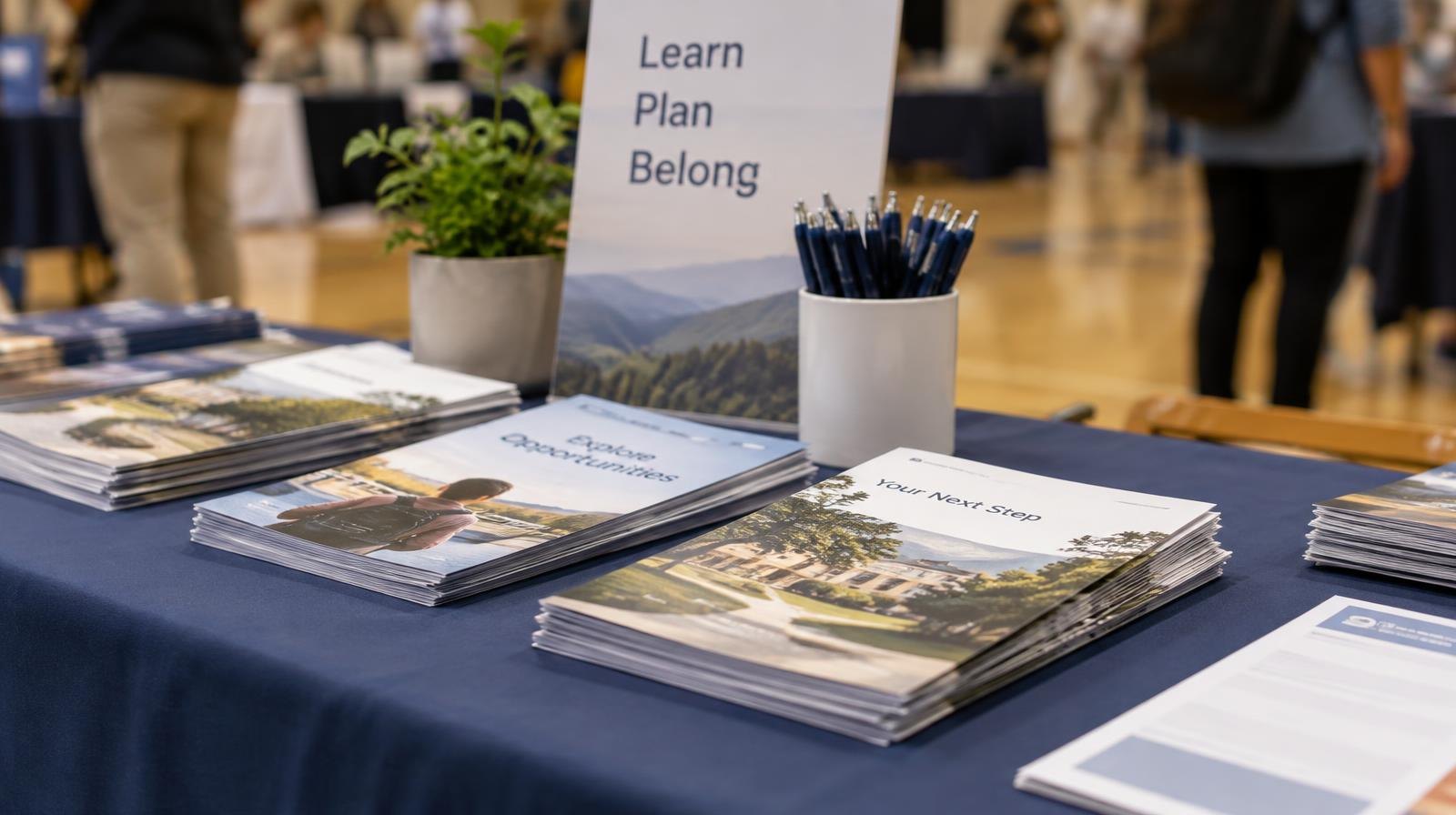 Brochures and pamphlets spread across a folding table in a large indoor hall.