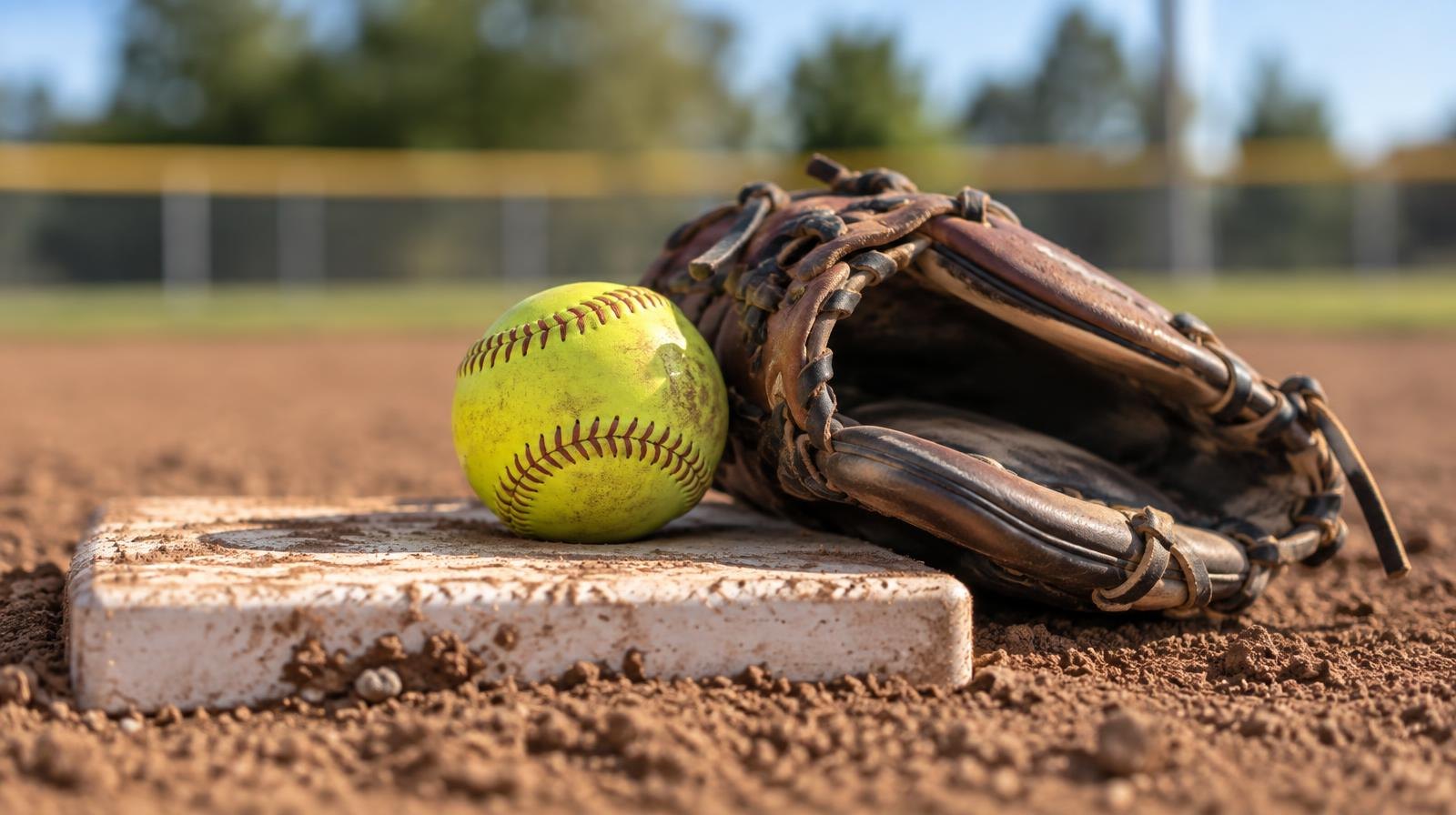 Yellow softball resting on a pitcher's rubber on a dirt mound with a leather glove beside it.
