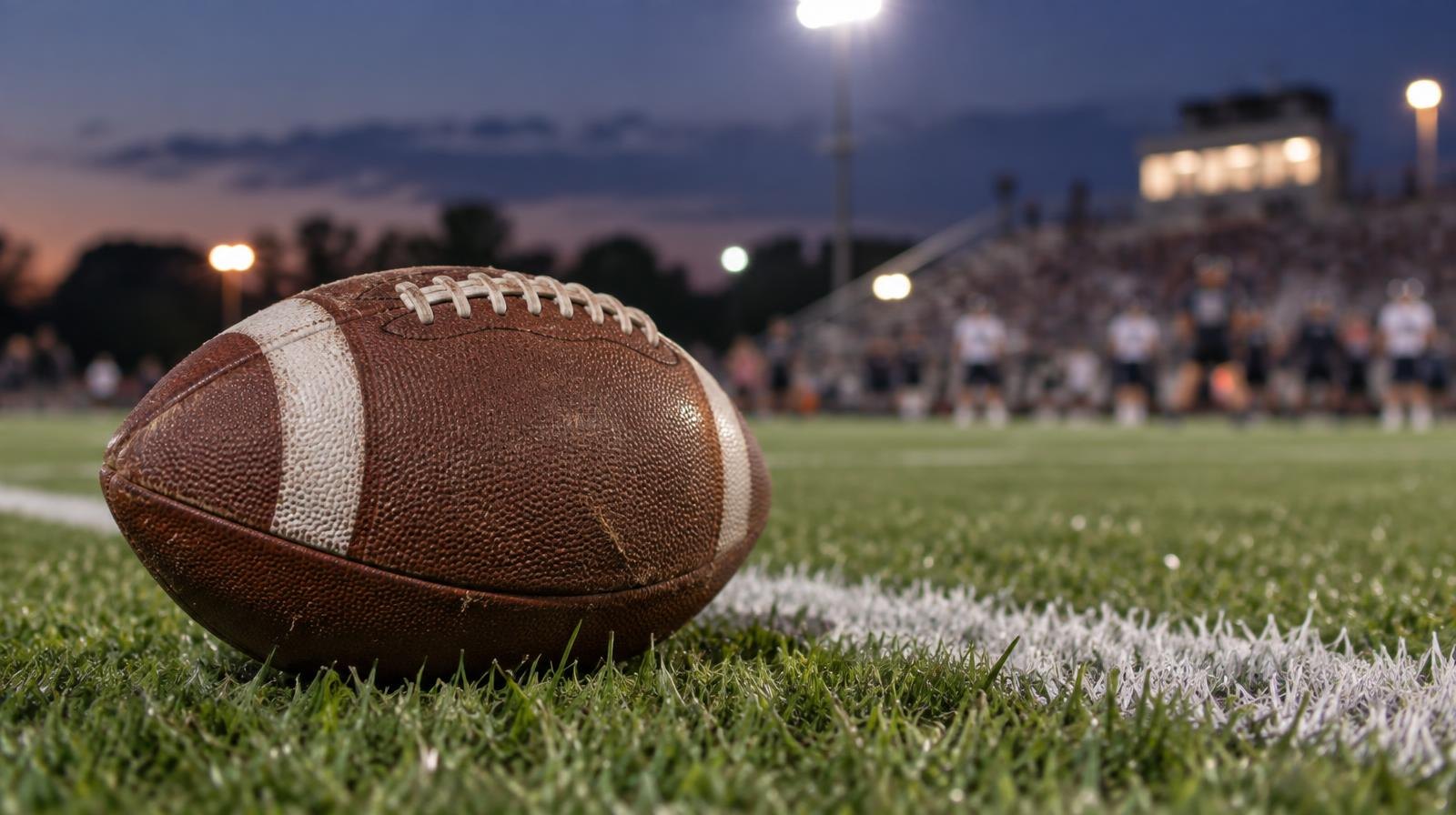 An American football resting on green grass beside a white painted yard line.