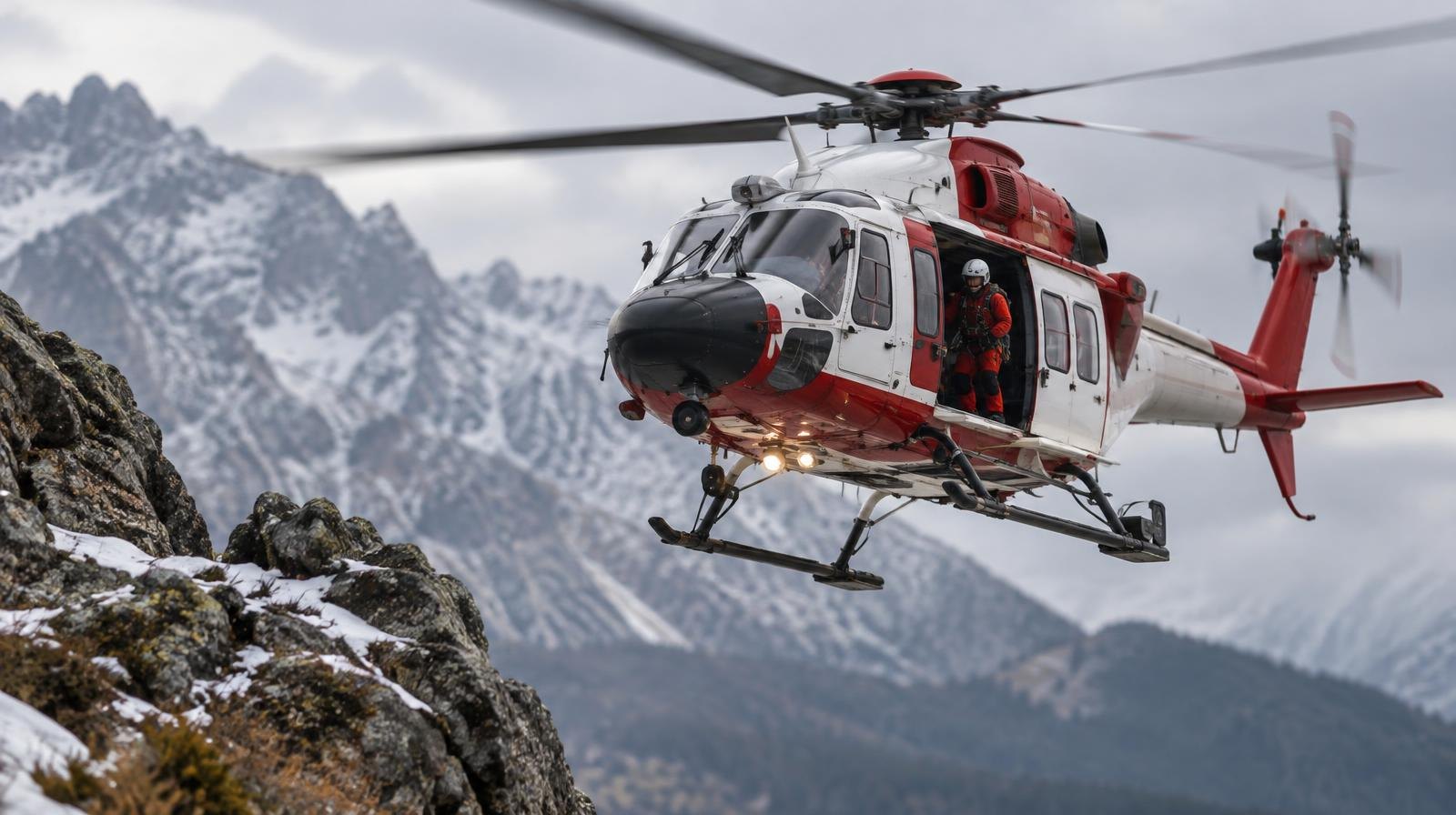 A rescue helicopter hovering above rugged snow-dusted rocky mountain terrain.