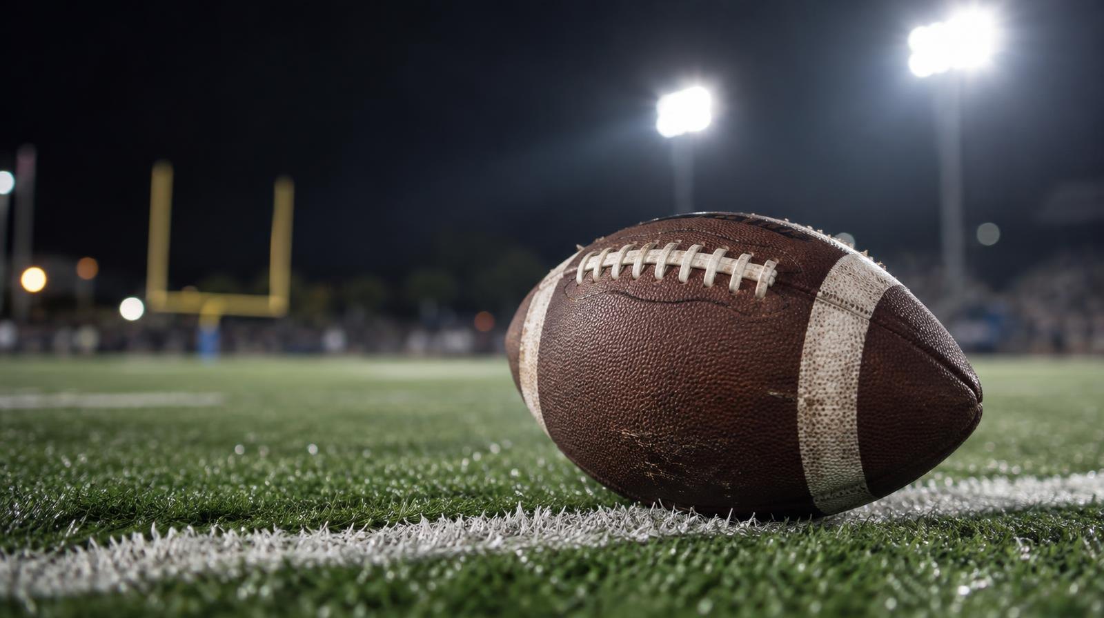 A football resting on a painted yard line of a green turf field under bright stadium lights at night.
