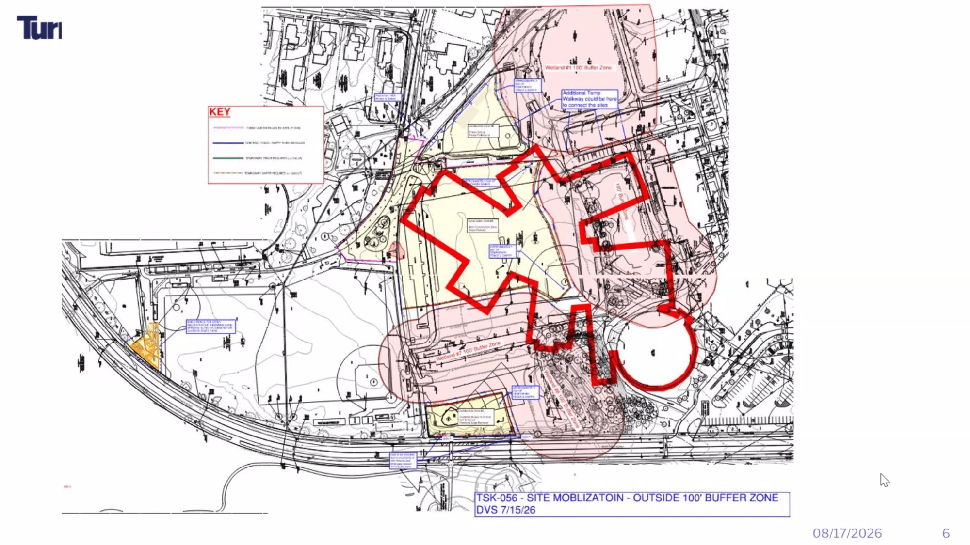 Site plan map showing a red construction boundary and pink 100-foot wetlands buffer zone.
