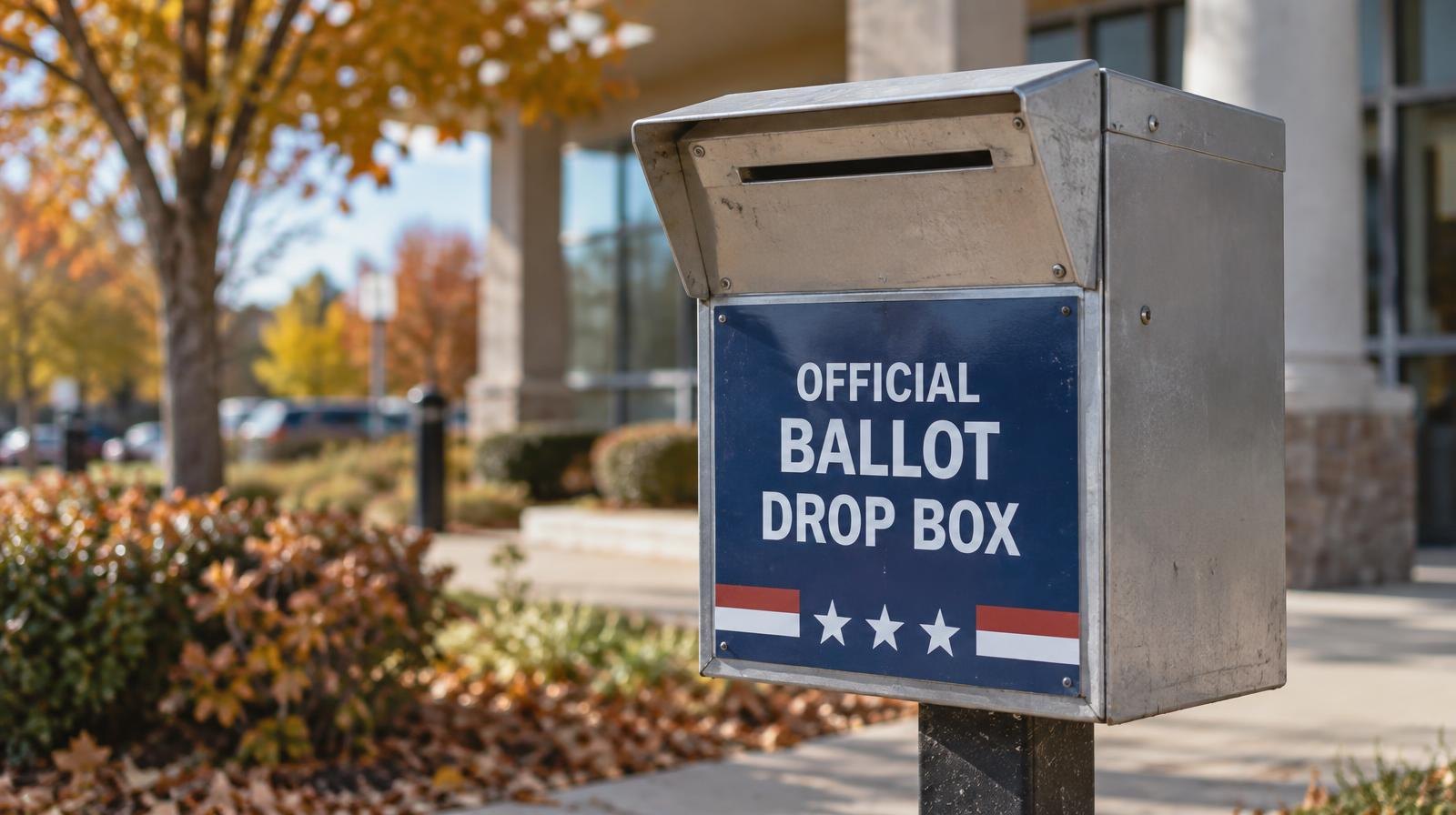 A metal ballot drop box mounted on a post outside a building on an autumn day.