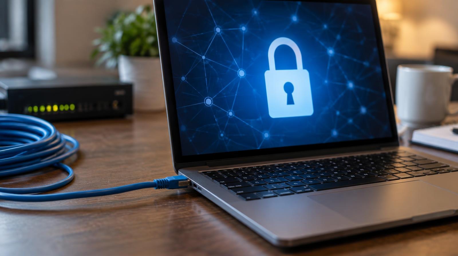 A laptop with a glowing blue padlock security interface surrounded by ethernet cables on a desk.