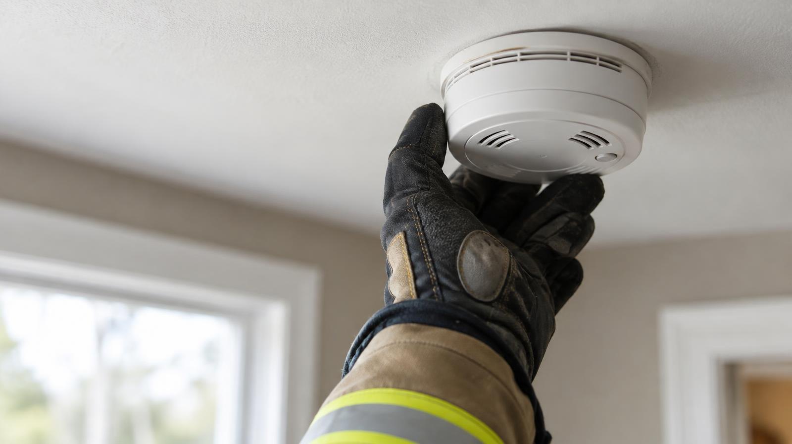 A white smoke alarm mounted on a ceiling with a gloved hand reaching up to install it.
