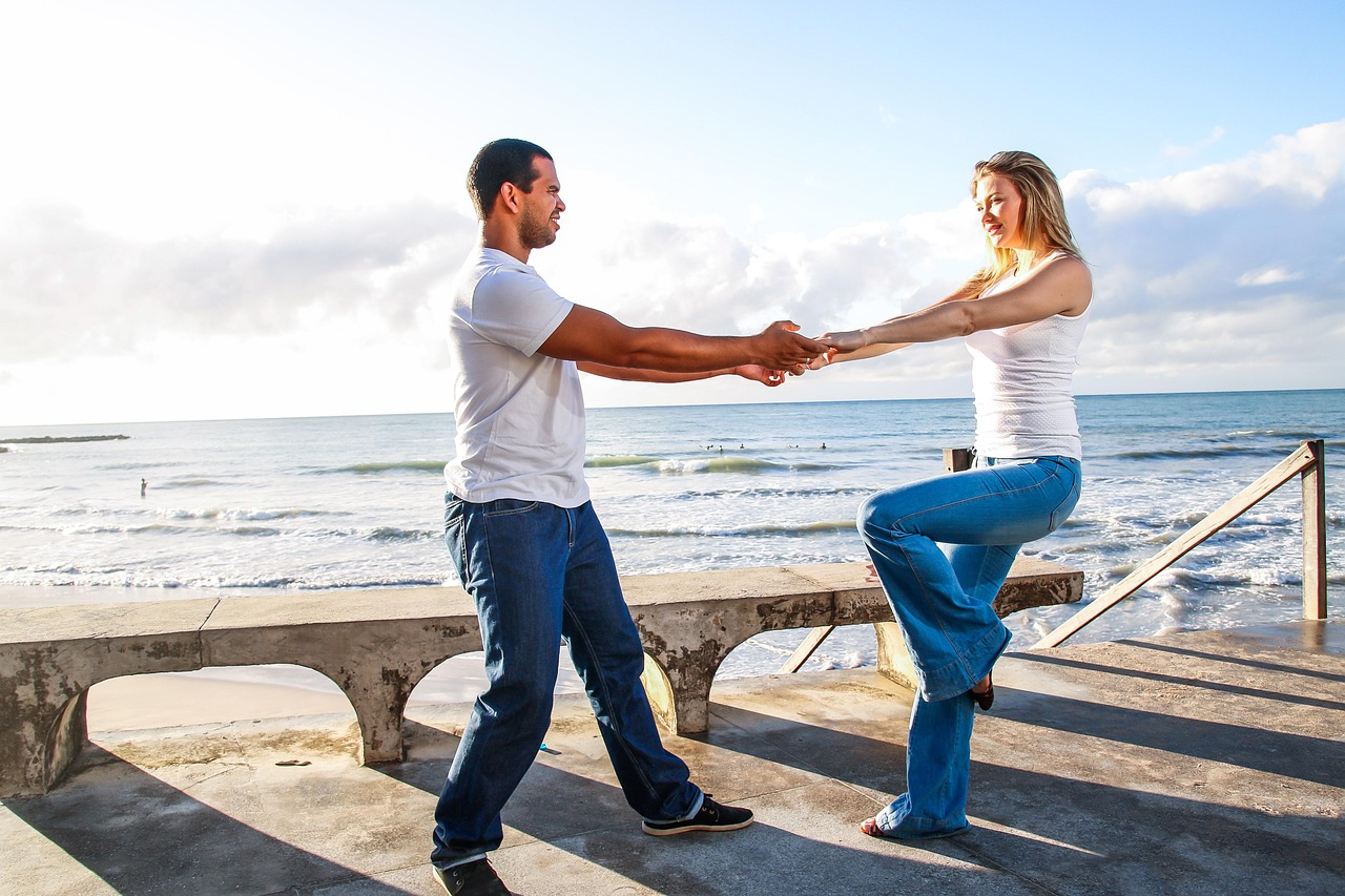 Couple, nature, dancers, dance, swing, beach, port, pier, coast, performance