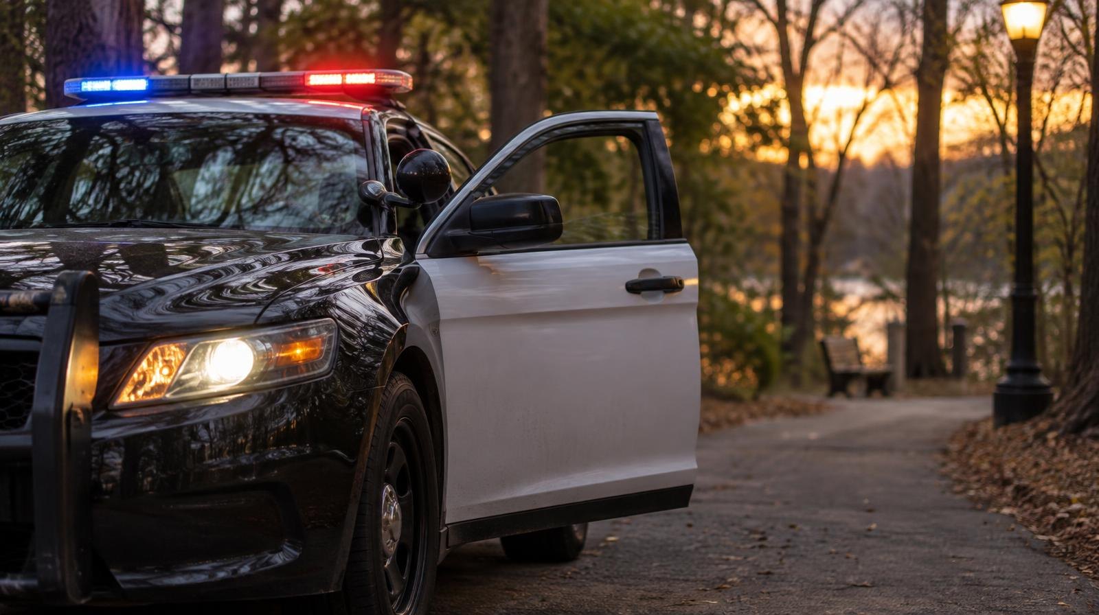 Police patrol car with open door parked on a wooded park path at dusk.