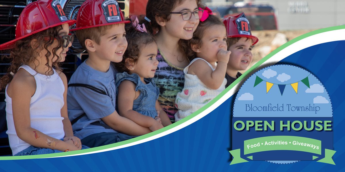 Event flyer showing children in red firefighter helmets with Open House branding and colorful bunting.