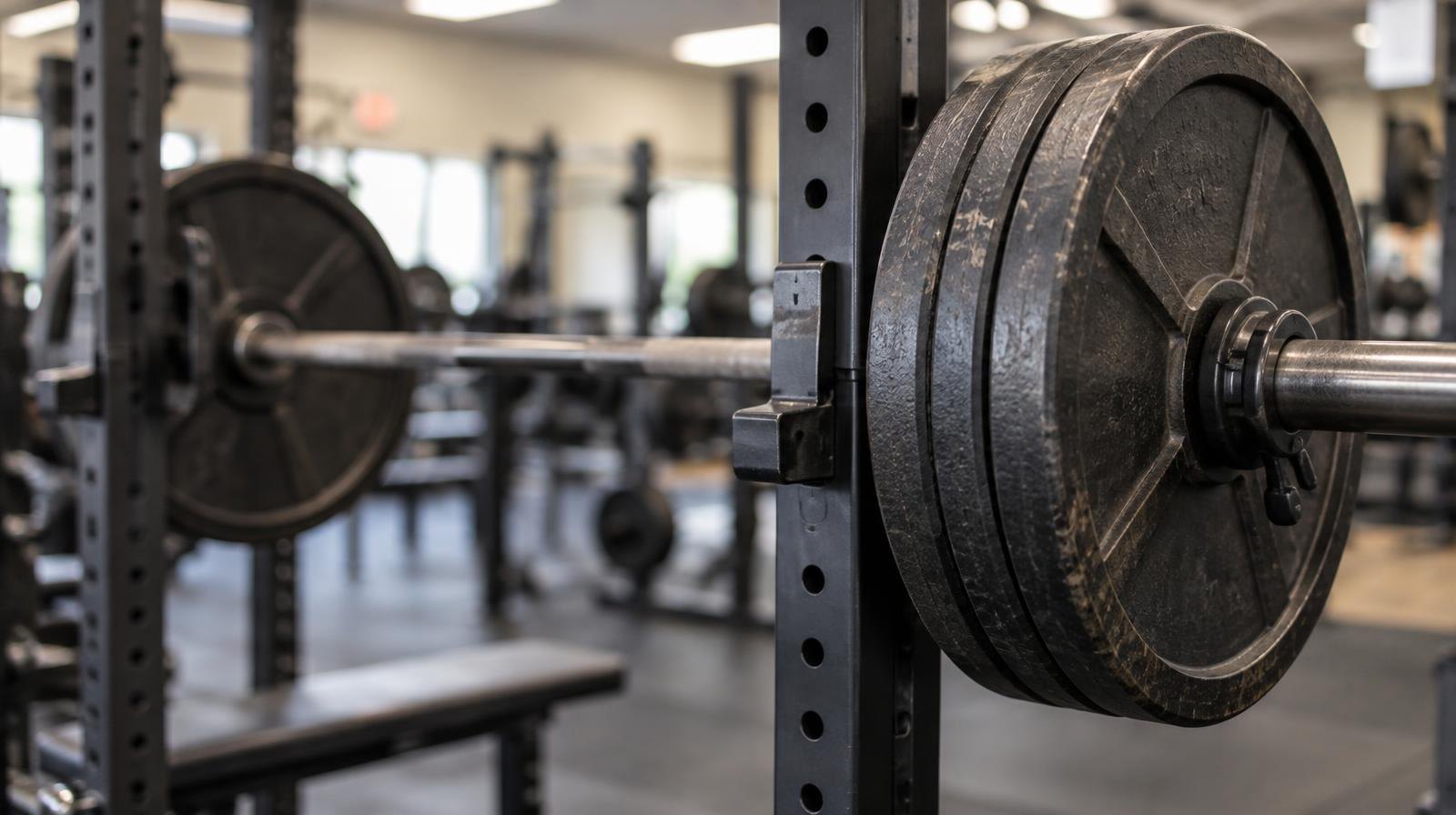 A loaded barbell with large iron weight plates resting on a squat rack in a gym.