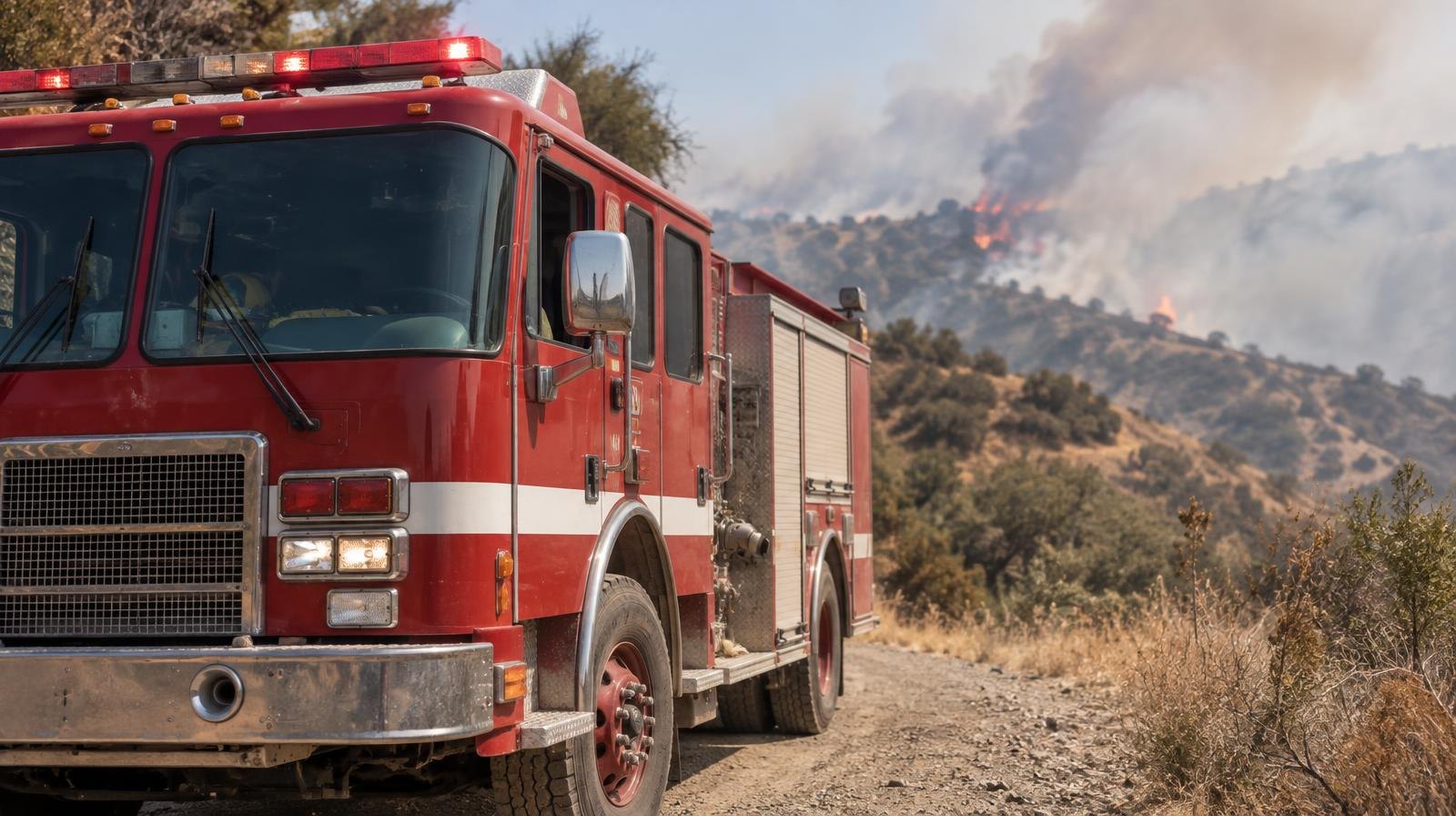 A red fire engine parked on a dry hillside road with smoke rising from brush behind it.