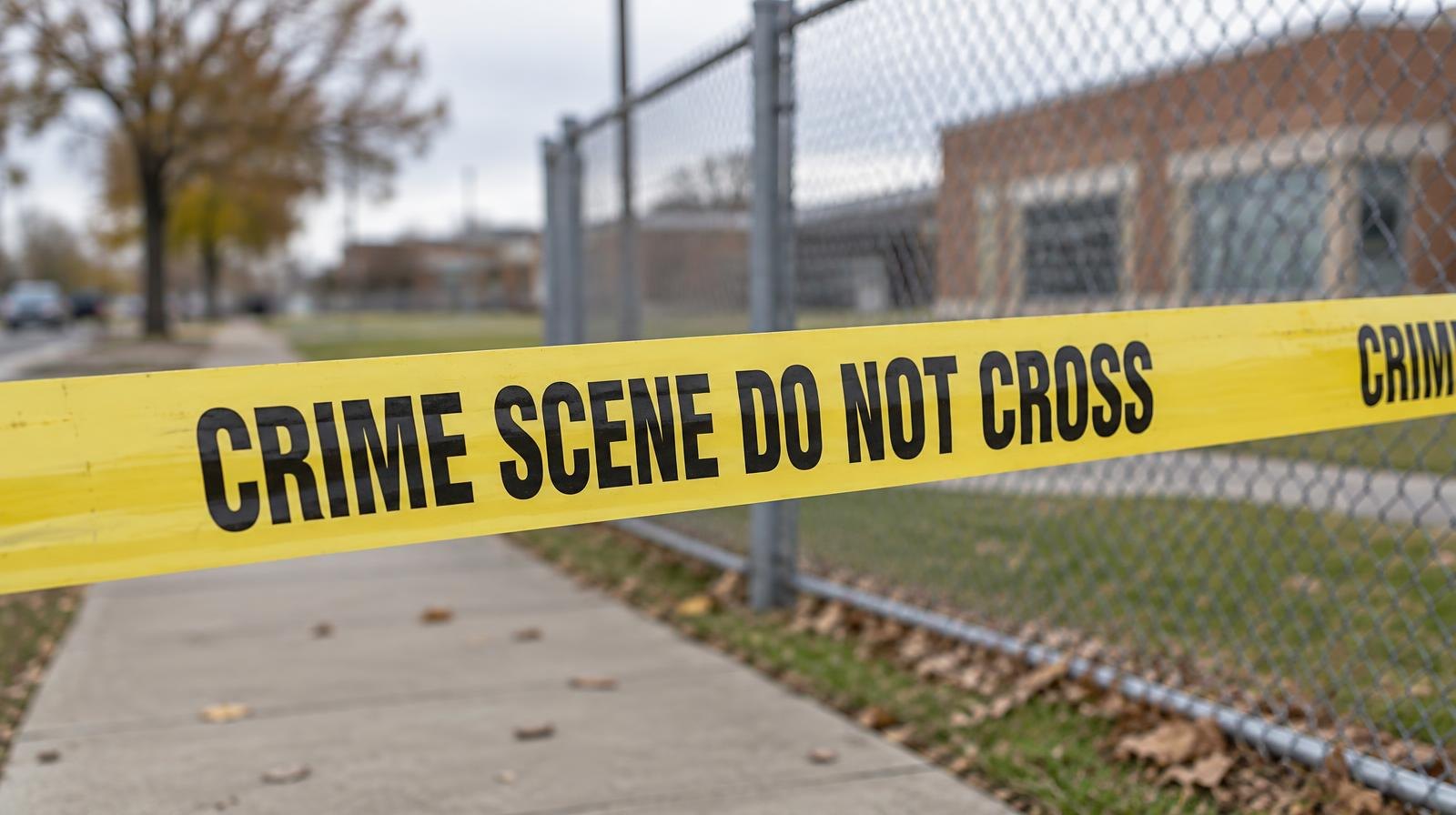 Yellow crime scene tape stretched across a sidewalk beside a chain-link fence.