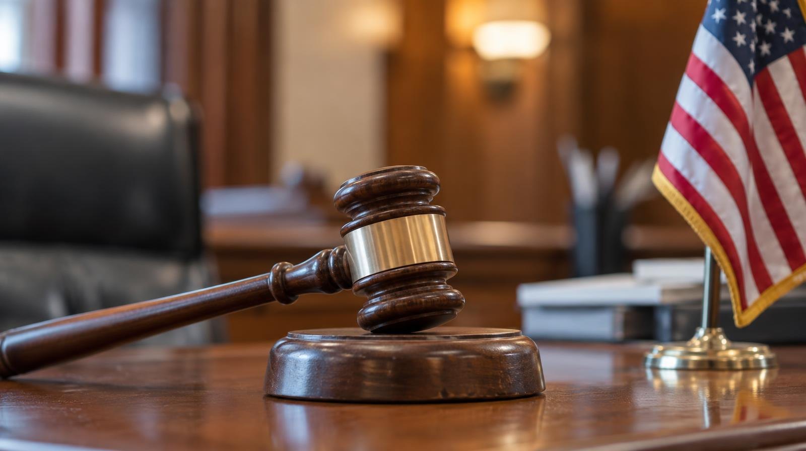Wooden gavel resting on its sound block beside a small American flag.