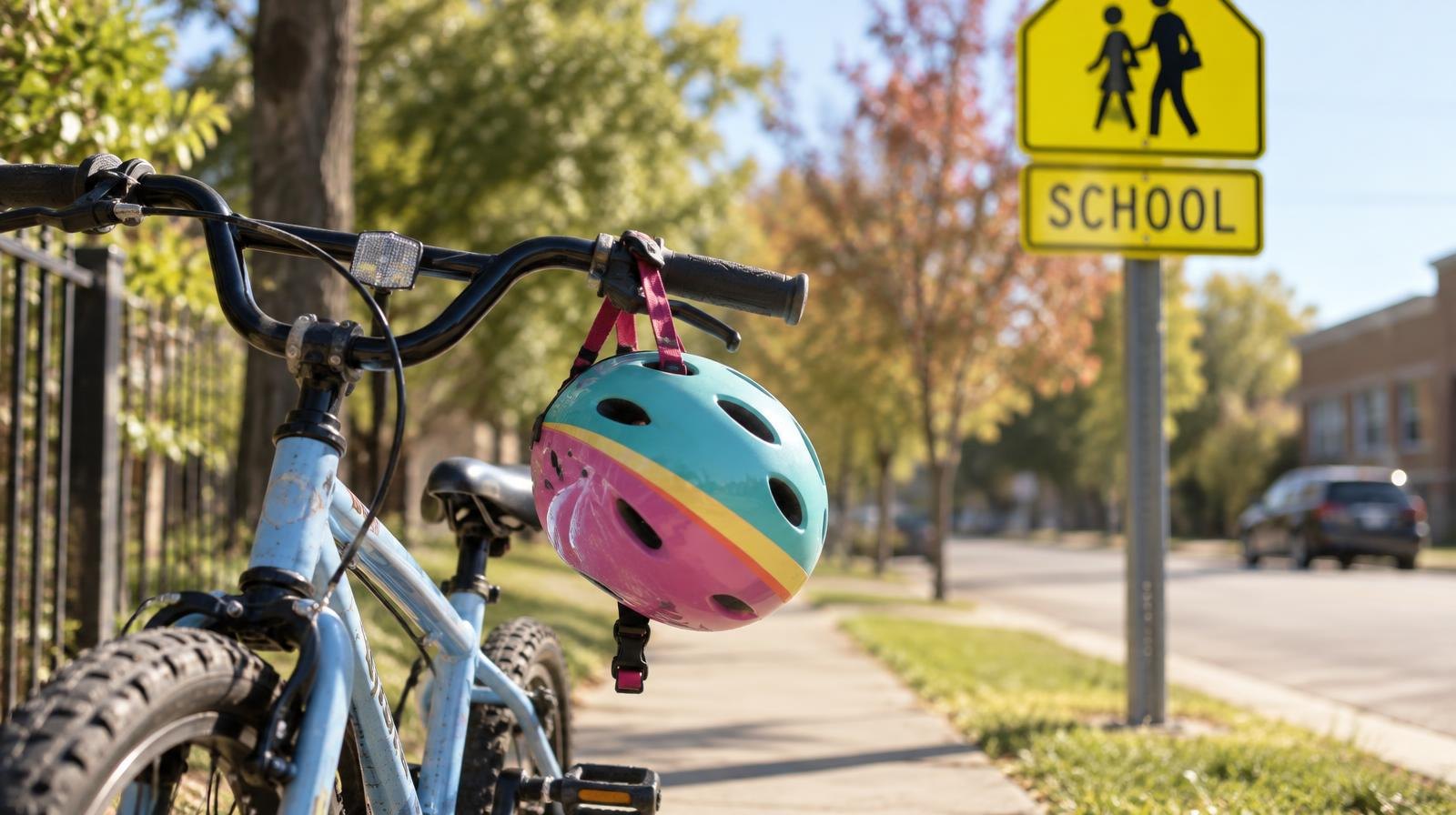 A child's bicycle with a colorful helmet on the handlebars beside a school zone sign.