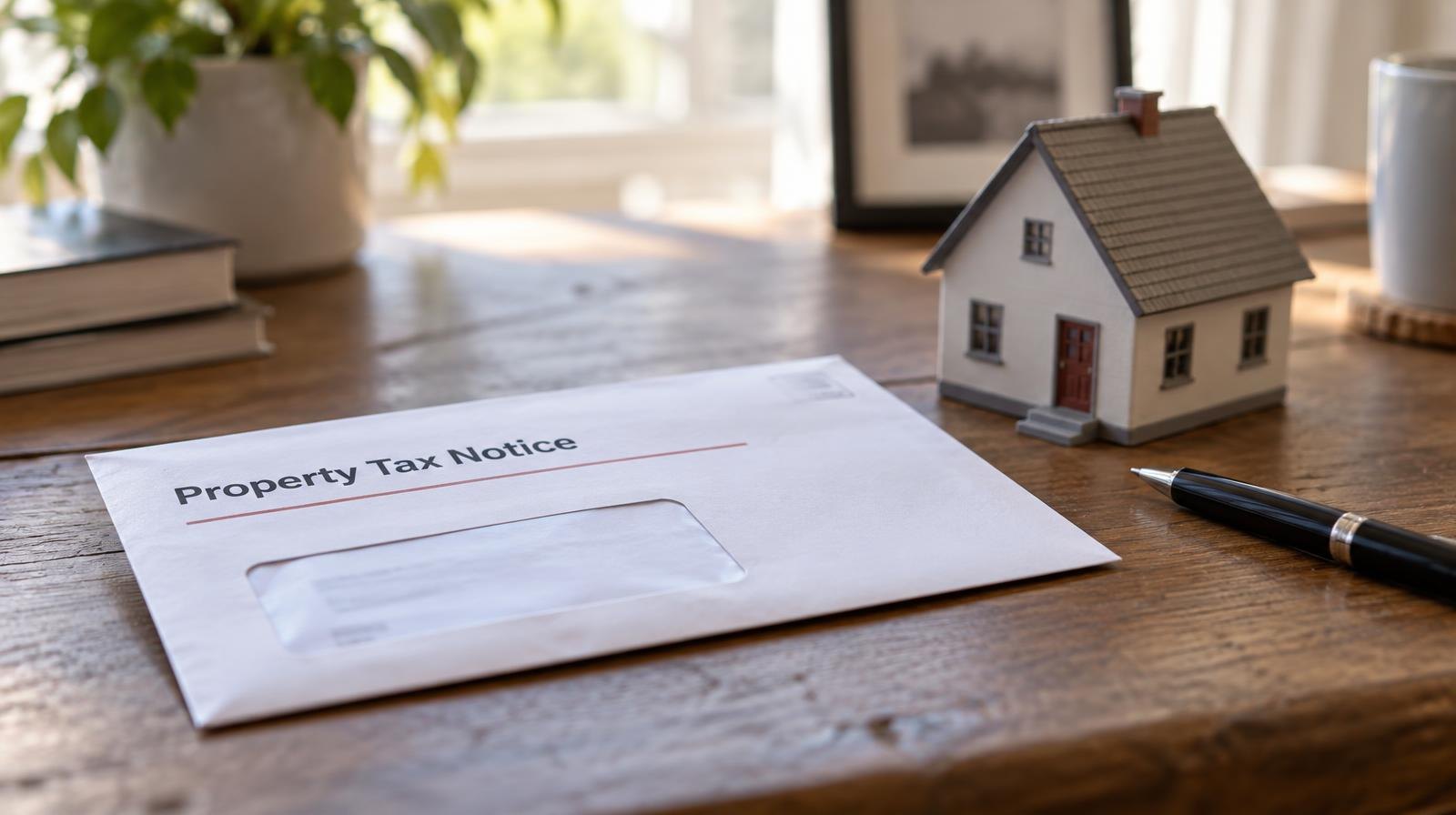 Envelope, small model house, and pen arranged on a wooden desk surface.