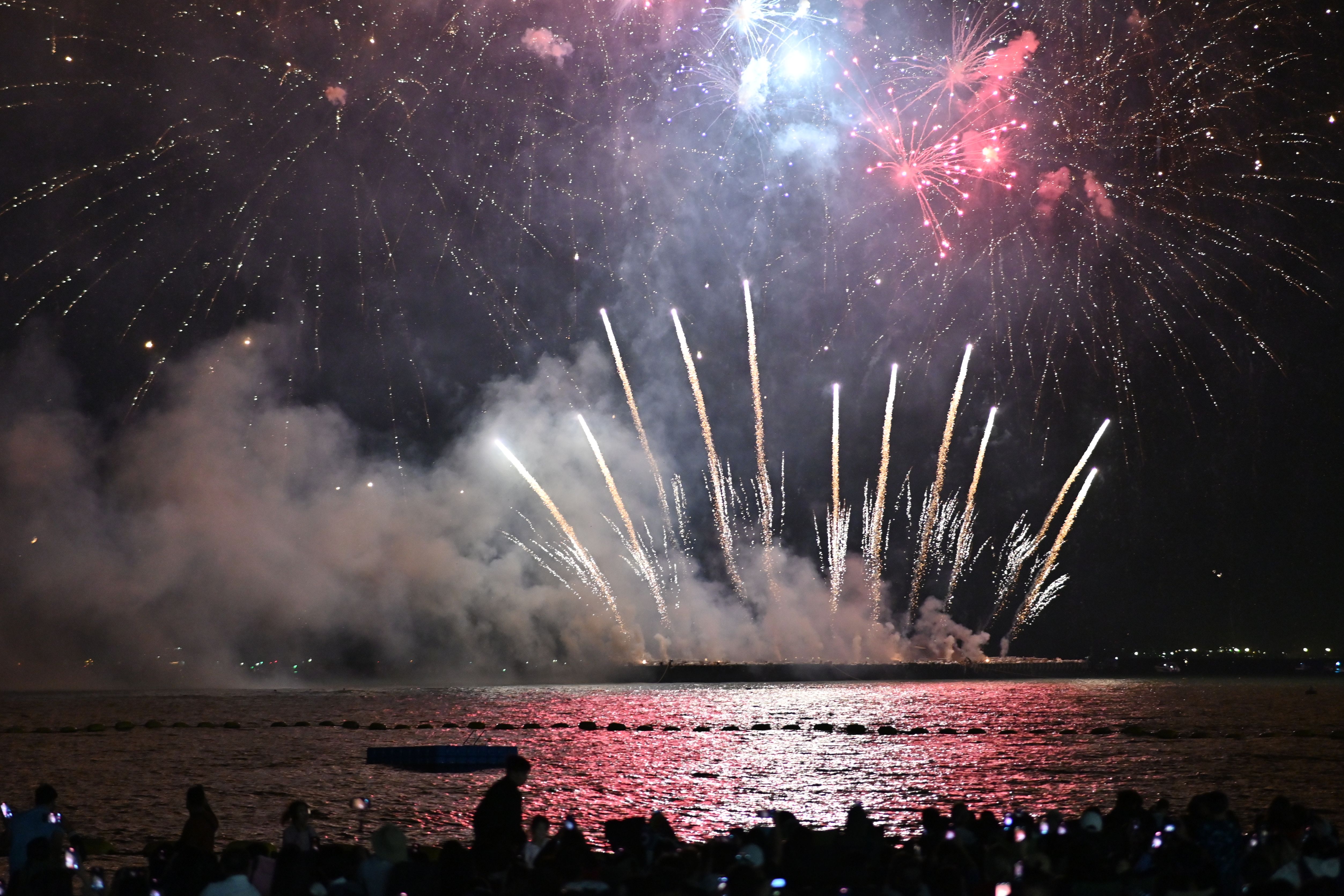 Colorful fireworks burst over calm water at night as silhouetted spectators watch from shore.