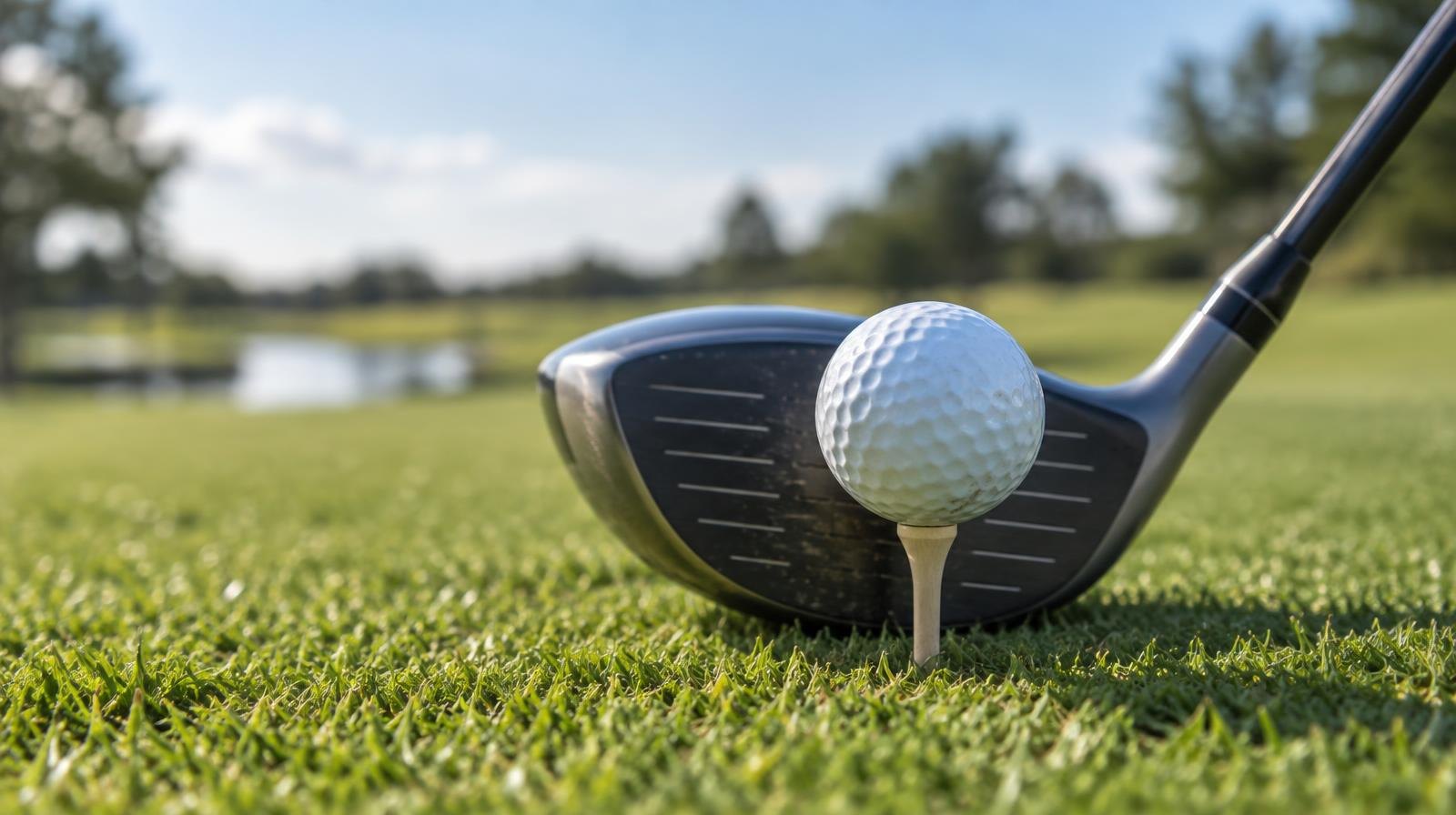 Golf ball on a tee with a driver club head behind it on a green fairway.