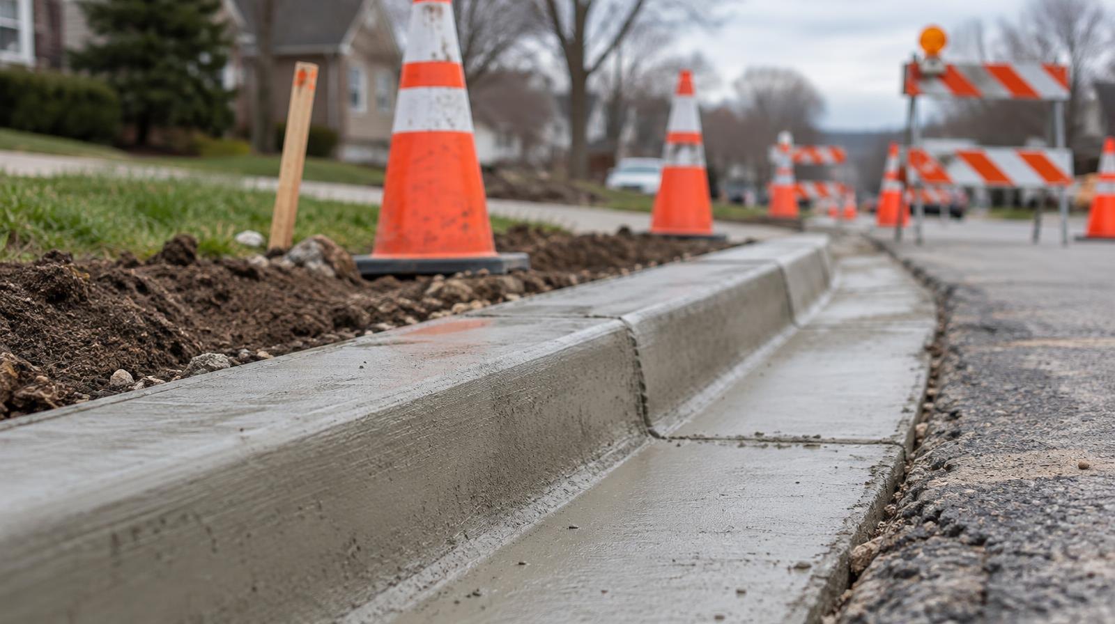 Freshly poured concrete curb and gutter along a street with orange traffic cones and barricades.