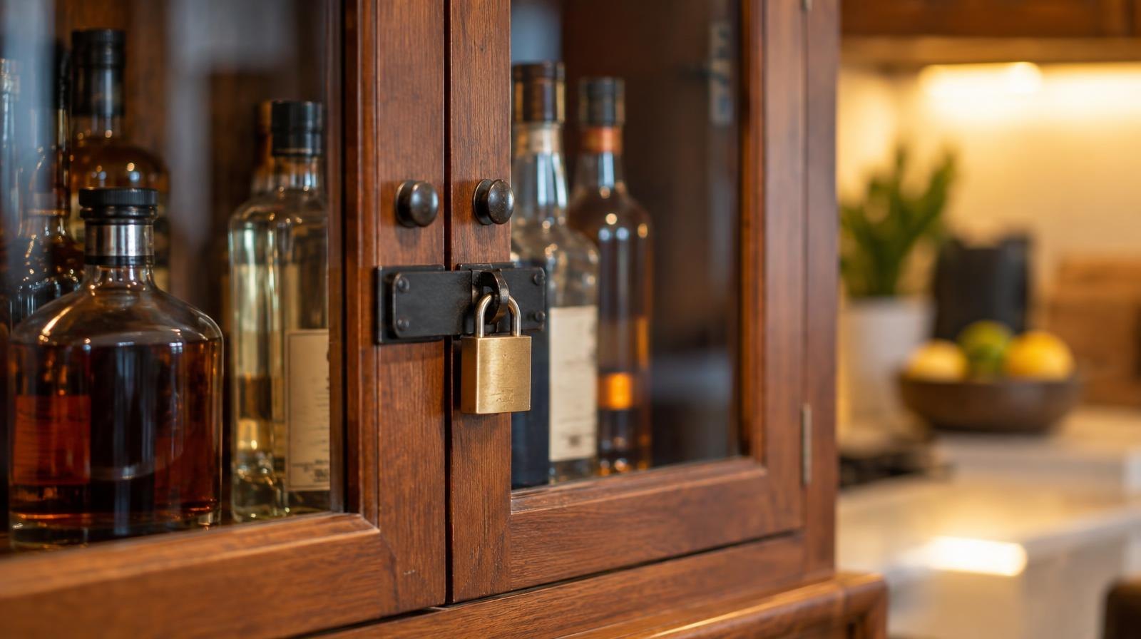 Bottles of alcohol stored behind a cabinet secured with a padlock.
