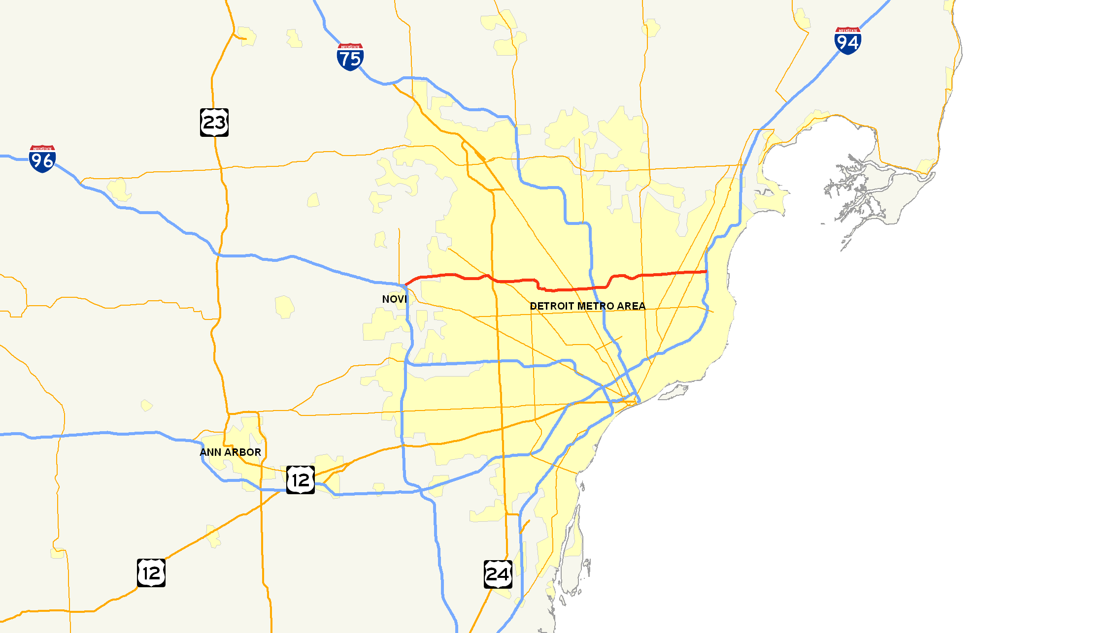 Map of Interstate 696 running east-west through the Detroit metropolitan area.