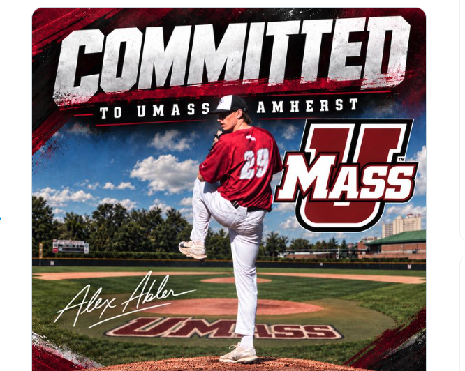 Commitment graphic showing a pitcher in a UMass uniform with Alex Abler’s name and “Committed to UMass Amherst.”