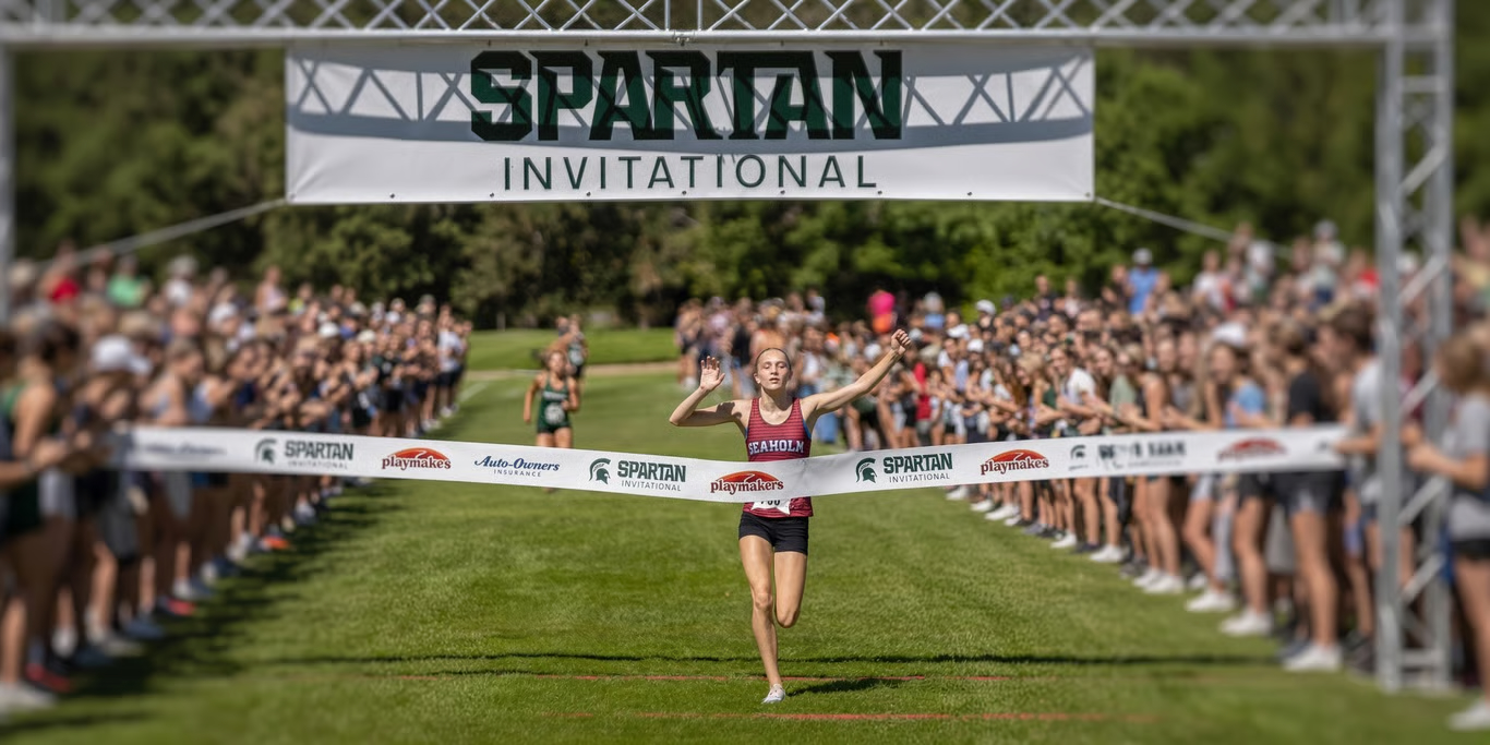 A runner in a maroon Seaholm singlet raises her arms as she crosses the finish line beneath a "Spartan Invitational" banner, with spectators lining both sides of the course.