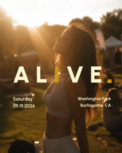 Promotional poster for the ALIVE Festival showing a woman in silhouette against golden-hour light at an outdoor gathering, with event details for Saturday, Sept. 19, 2026, at Washington Park in Burlingame, CA.