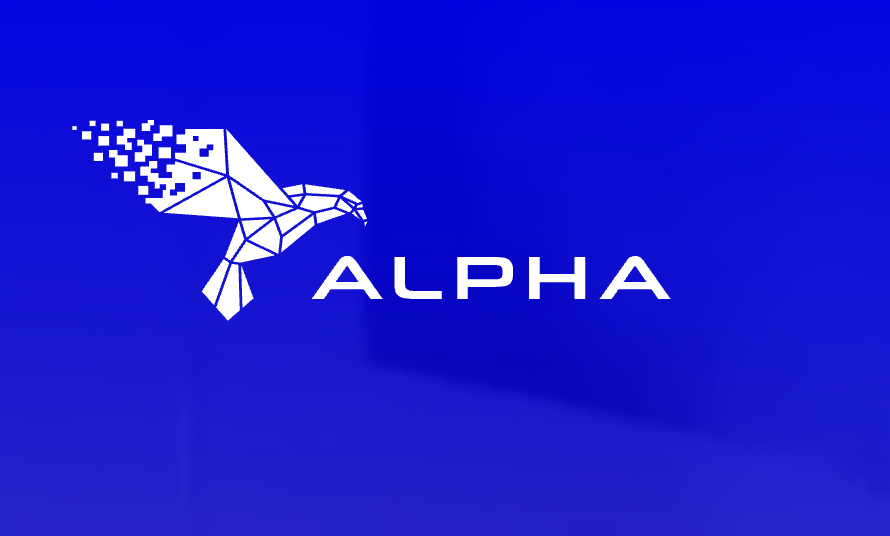 Alpha School logo, a white geometric hummingbird icon beside the word "Alpha," on a blue background