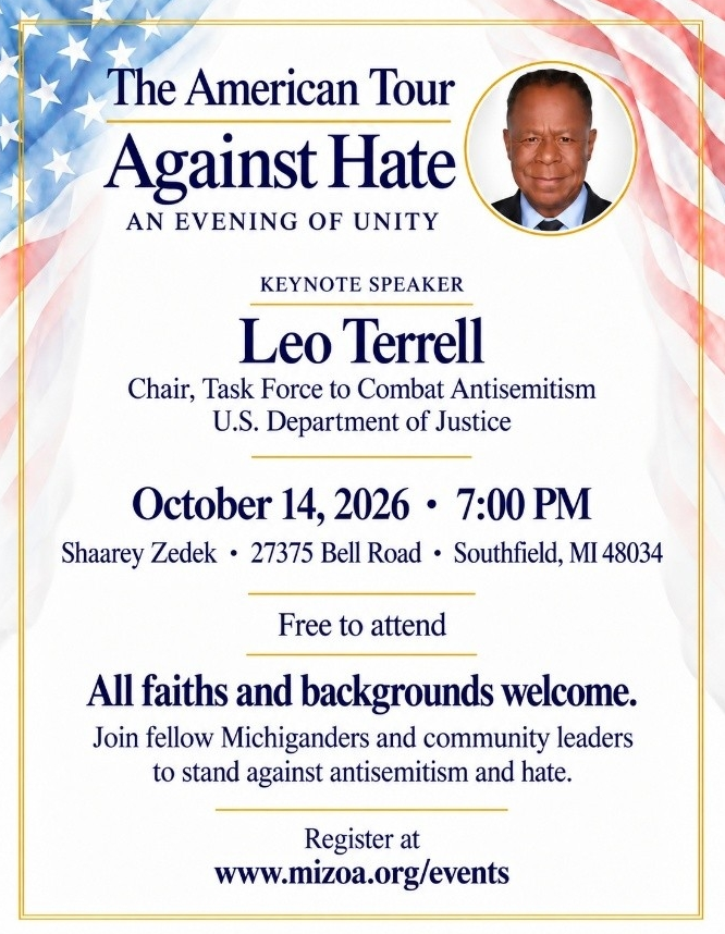 Promotional flyer for the American Tour Against Hate featuring a portrait of Leo Terrell, an American flag background and details for an Oct. 14 event in Southfield.