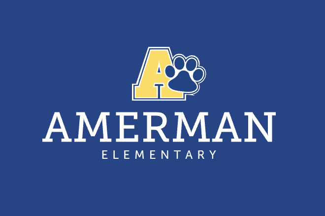 Amerman Elementary logo with a yellow A, blue paw print and white lettering on a blue background.
