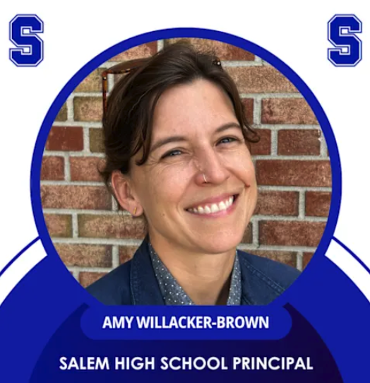 Portrait of Amy Willacker-Brown smiling in front of a brick wall, framed in a blue circle graphic with Salem High School's "S" logo and text reading "Amy Willacker-Brown, Salem High School Principal."
