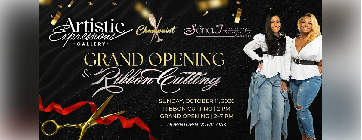 Black-and-gold gallery opening graphic featuring two women, business logos and October 11 event details.