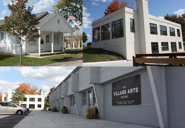 Exterior views of the Arts Warehouse at Cherry Hill and the adjacent historic building in Canton Township, including the former Village Arts Factory signage.