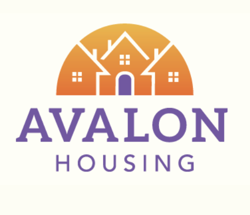 The Avalon Housing logo, featuring a stylized orange and yellow illustration of houses beneath an arch, with the organization's name in purple text.