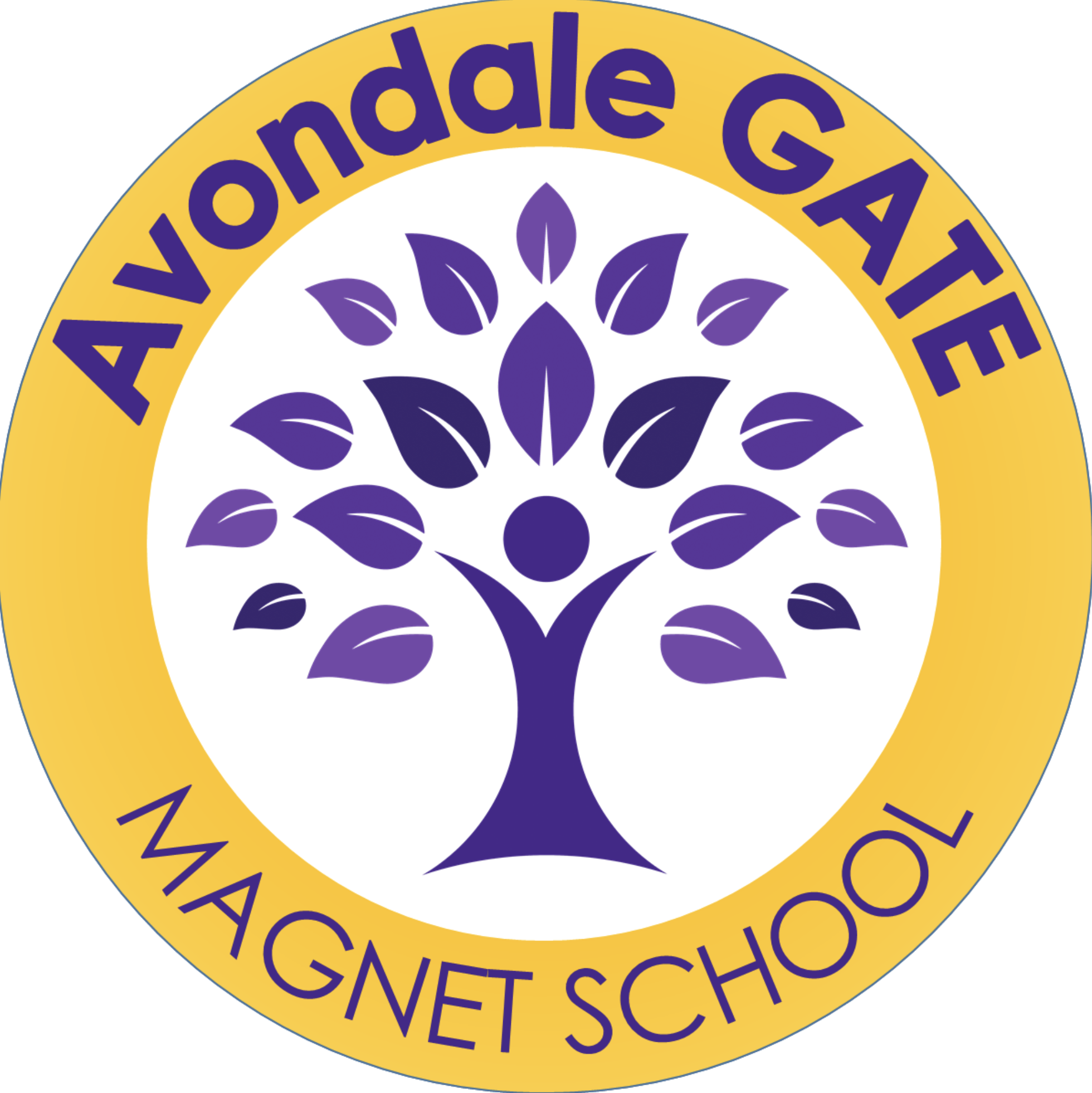 Avondale GATE Magnet School logo featuring a purple tree inside a yellow circle.