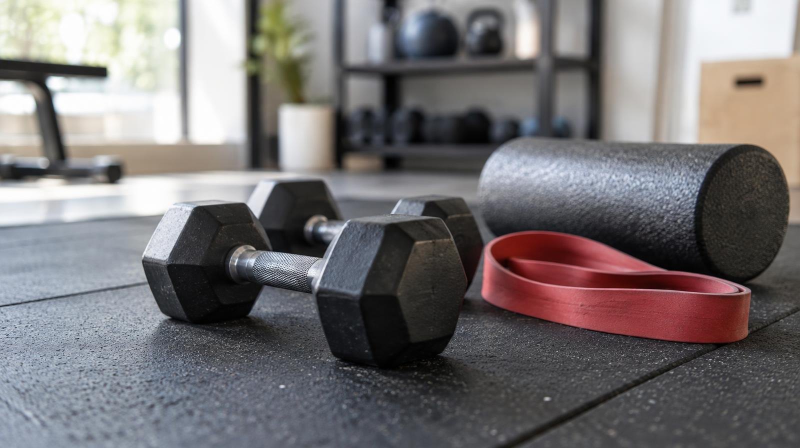 Dumbbells and a foam roller resting on a rubber gym floor mat.