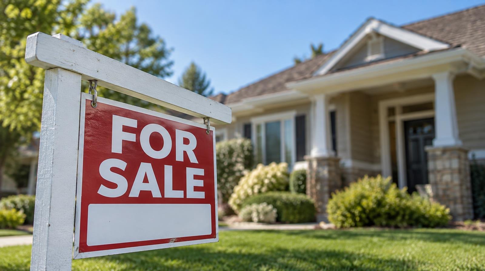 A for-sale real estate sign in the front lawn of a suburban house.