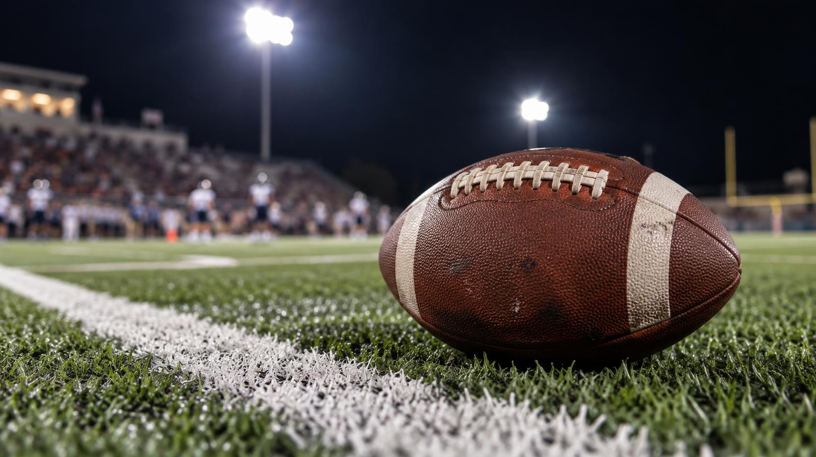 An American football resting on green turf beside a white yard line under bright lights.